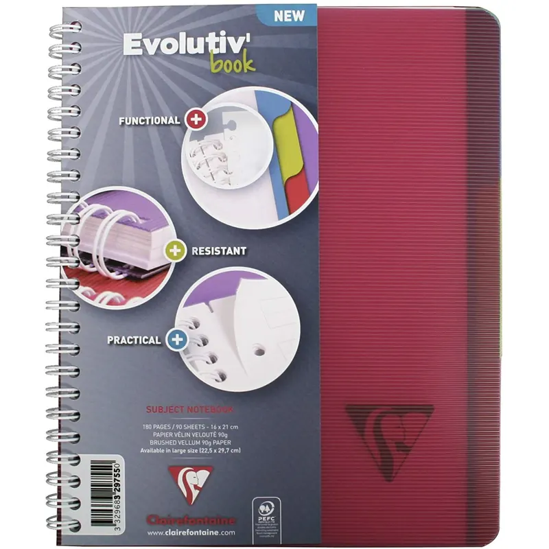 Clairefontaine 329755C5 5er Pack Spiralbuch Evolutiv Book A5+ 90 Blatt kariert mit Rand farbig sortiert