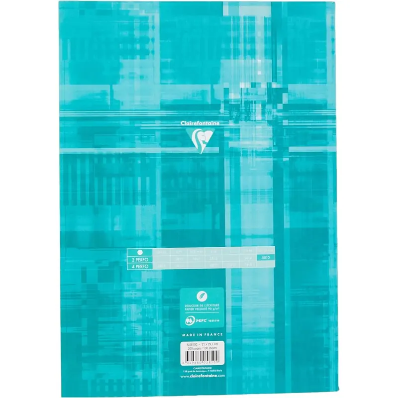 Clairefontaine 5810C - Schreibblock / Kursusblock DIN A4 21x29,7 cm, an der langen Seite geleimt, 100 Blatt 90g, abtrennbar und 2-fach gelocht, kariert 10x10 mm mit Rand, Türkis, 1 Stück