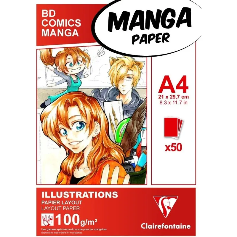 Clairefontaine 94042C Layoutblock (für Manga Comics, ideal für Illustrationen und Multitechniken, DIN A4, 21 x 29,7 cm, 50 Blatt, 100 g, geeignet für Filzmarker mit Alkohol) weiß