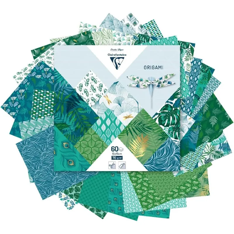 Clairefontaine 95354C – Beutel Origami, 60 Blatt, 15 x 15 cm, 70 g, verschiedene Motive, pflanzlich chic