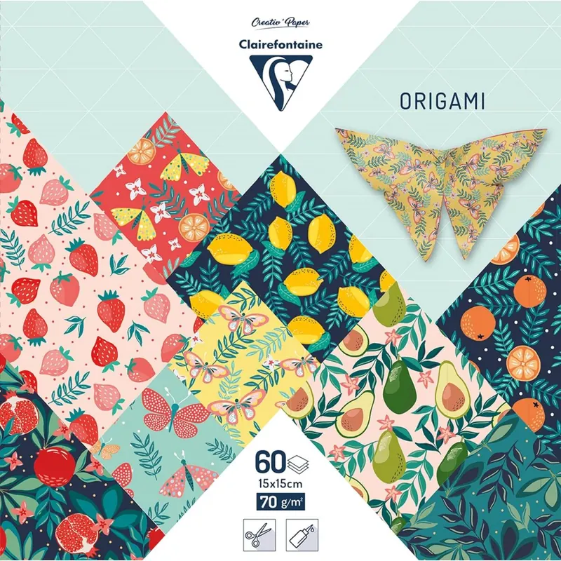 Clairefontaine 95357C Origami-Papier, 70 g/m², Format 15 x 15 cm, 30 bunte Motive sortiert (2 Blätter pro Motiv), kreative Freizeitgestaltung für Erwachsene und Kinder, Kollektion fruchtiger Garten