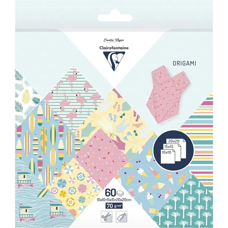 Clairefontaine 95363C - Pack mit 60 Blatt Origamipapier, mit 3 Formaten, 10 x 10cm, 15 x 15cm, 20 x 20cm, 70g, 1 Pack, California Dream