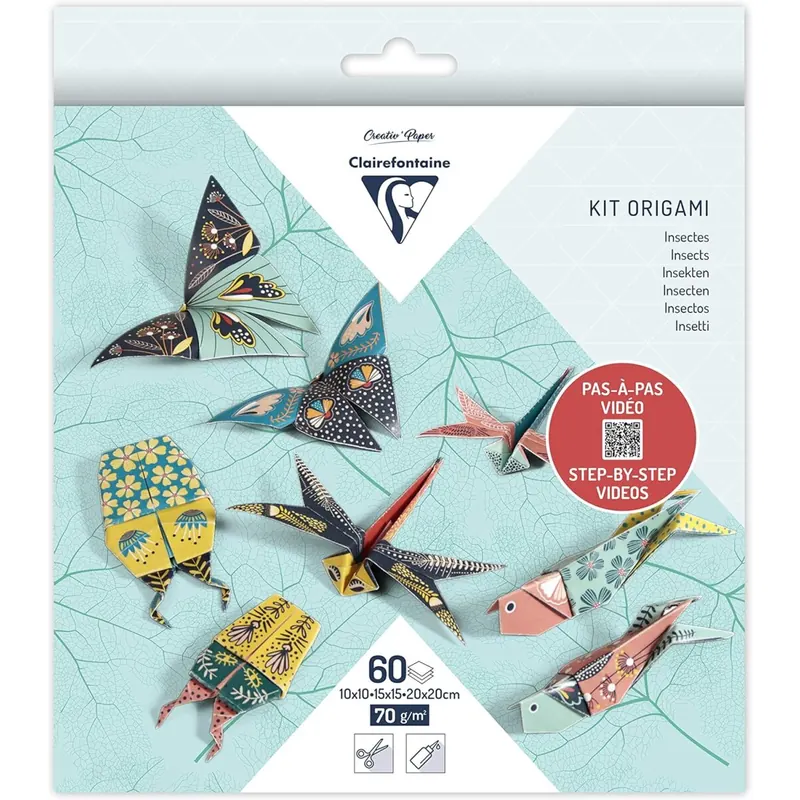 Clairefontaine 95366C - Packung Origami Papier mit 60 Blatt, beidseitig bedruckt, 3 Formate, 10x10 cm, 15x15 cm, 20x20 cm, 70g, Insekten, 1 Pack