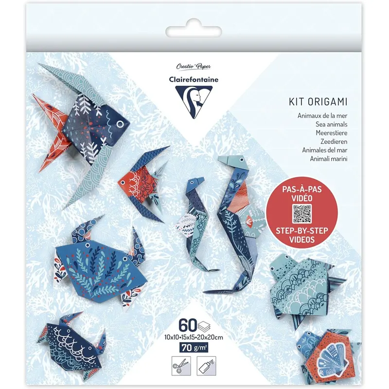 Clairefontaine 95367C - Packung Origami Papier mit 60 Blatt, beidseitig bedruckt, 3 Formate, 10x10 cm, 15x15 cm, 20x20 cm, 70g, Meerestiere, 1 Pack