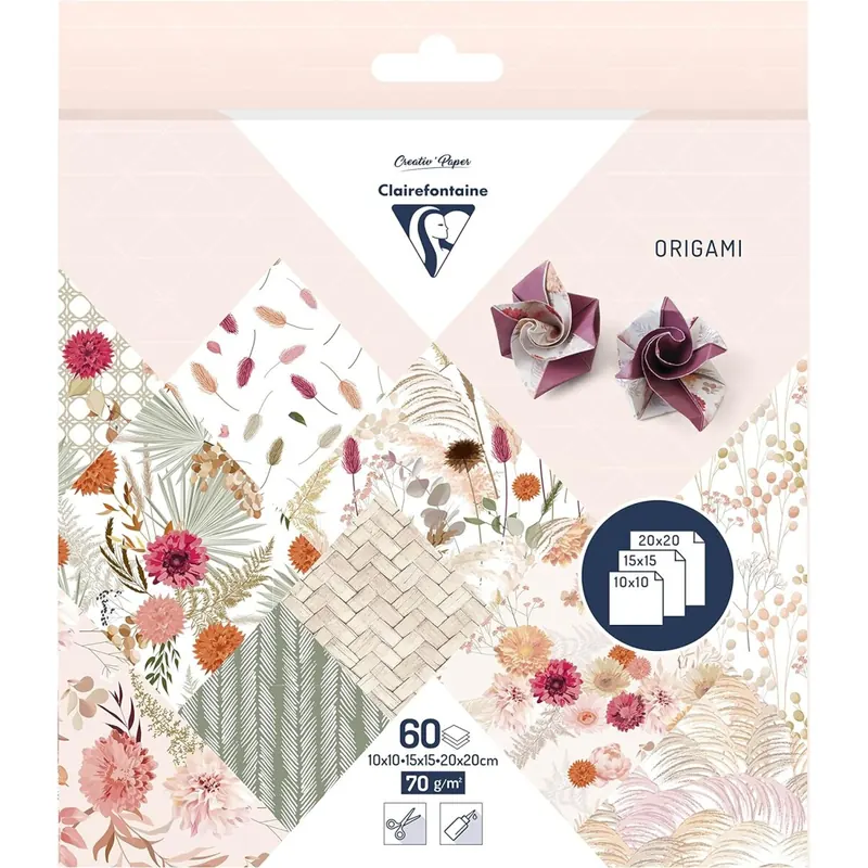Clairefontaine 95371C - Packung mit 60 Blatt Origami, 70g, 3 Formate (10x10cm, 15x15cm, 20x20cm), Trockenblumen, 1 Pack