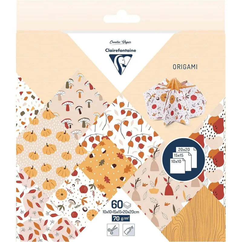 Clairefontaine 95379C - Packung Origami Papier mit 60 Blatt in 3 Formaten ( 10x10cm - 15x15cm - 20x20cm) 70g, Herbst, 1 Pack