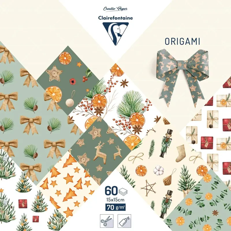 Clairefontaine 95383C - Packung mit 60 Bogen Origami Papier, 15x15 cm, 70g, ideal als Bastelaktivität mit Kindern, Vitaminreiche Weihnachten