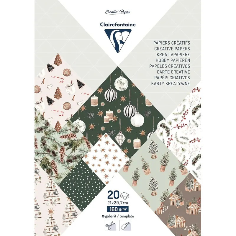 Clairefontaine 95548C - Block mit bedrucktem Papier, A4 (21x29,7cm), 20 Blatt mit Motiven 160g + 1 kreative Idee, Weihnachten Cozy, 1 Stück