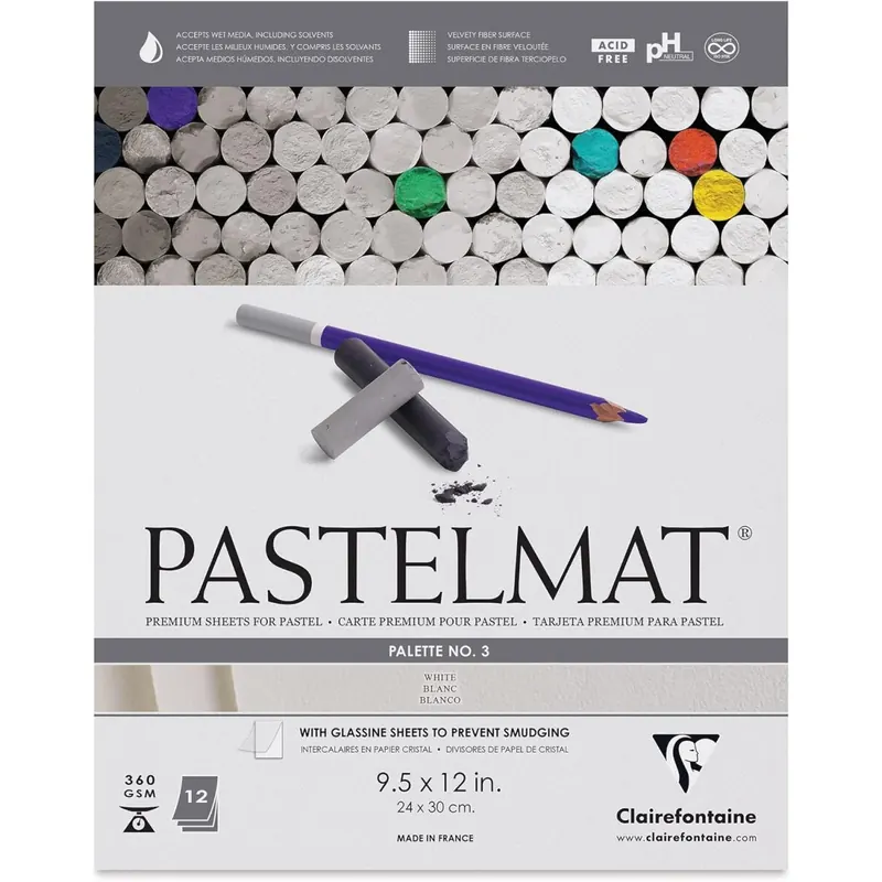 Clairefontaine 96028C Zeichenblock Pastelmat (kopfseitig geleimt, 12 Blatt, 24 x 30 cm, 360 g, mit 4 transparenten Trennblättern, Spezielkarton ideal fur Pastell und Kreide) weiß
