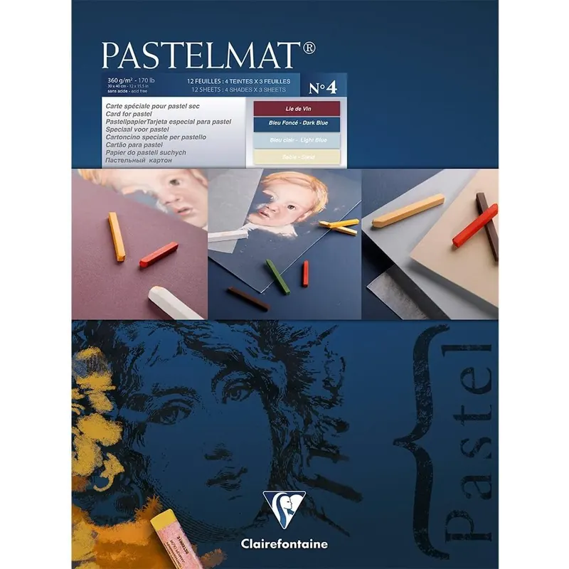 Clairefontaine 96112C Zeichenblock Pastelmat (12 Blatt, 30 x 40 cm, 360 g, mit 4 transparenten Trennblättern, Spezielkarton ideal fur Pastell und Kreide) dunkelblau, hellblau, rot und gelb