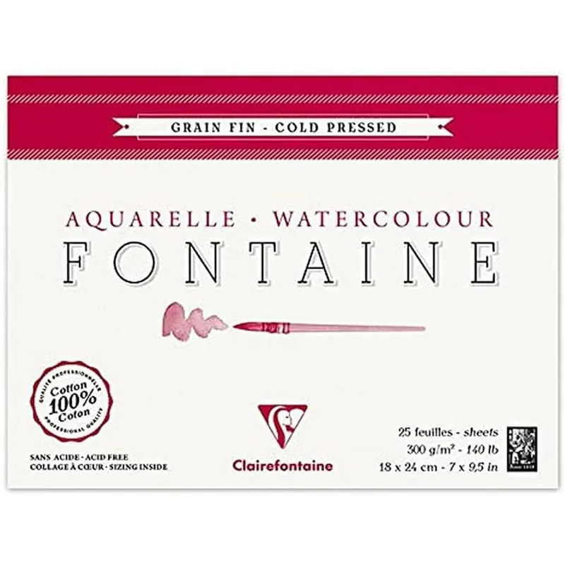 Clairefontaine 96413C Malblock, 4-seitig verleimt Aquarellpapier Feinkörnig, Fontaine/Hadern, 12 x 18 cm, 25 Blatt, 300 g Packung, weiß