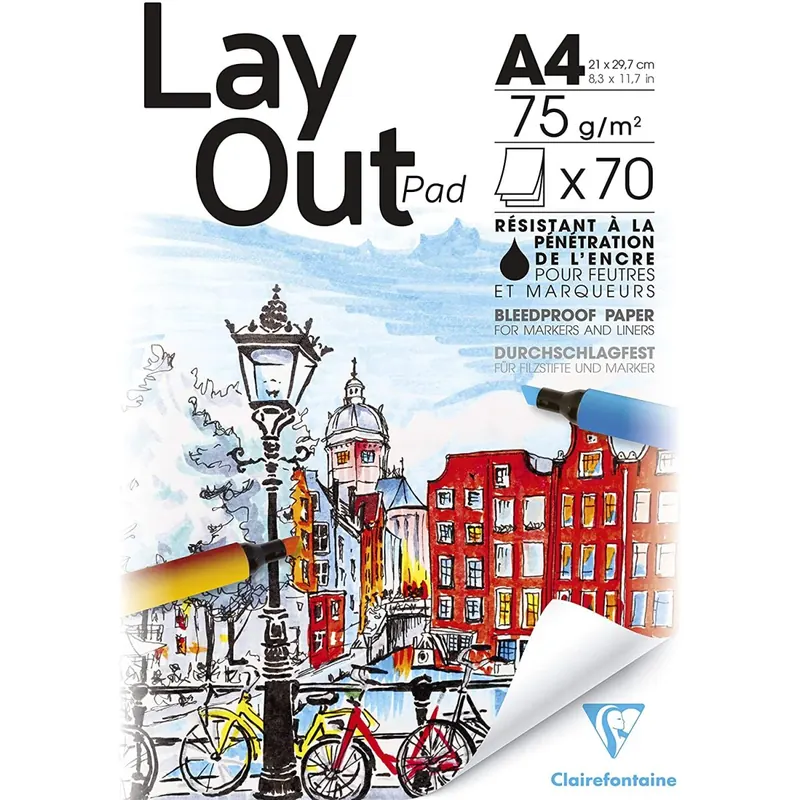 Clairefontaine 96533C Zeichenblock Geleimt Papier für Marker Layout, Din A4, 21 x 29.7 cm, 70 Blatt, 75 g, weiß