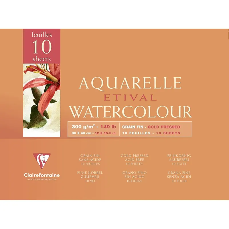 Clairefontaine 96572C Aquarellblock Etival (4-seitig verleimt, 10 Blatt, 300g, für alle Nasstechniken geeignet, feinkörnig, 100% Zellulose, 30 x 40 cm, 10 Blatt) weiß