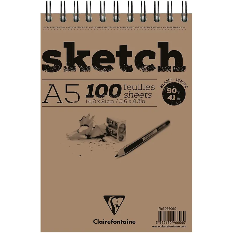 Clairefontaine 96606C Skizzenblock Sketch (100 Blatt, DIN A5, 14,8 x 21 cm, Spiral, mikroperforiert, 90 g) weiß