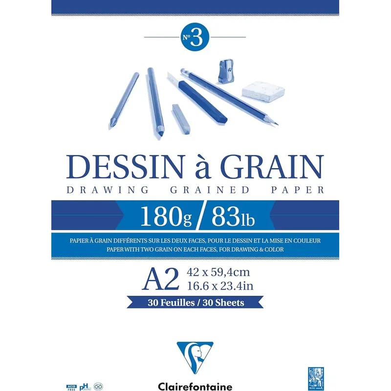 Clairefontaine 96620C Zeichenblock Kopfseitig Geleimt Dessin a Grain, Din A2, 42 x 59 cm, 30 Blatt, 180 g, weiß