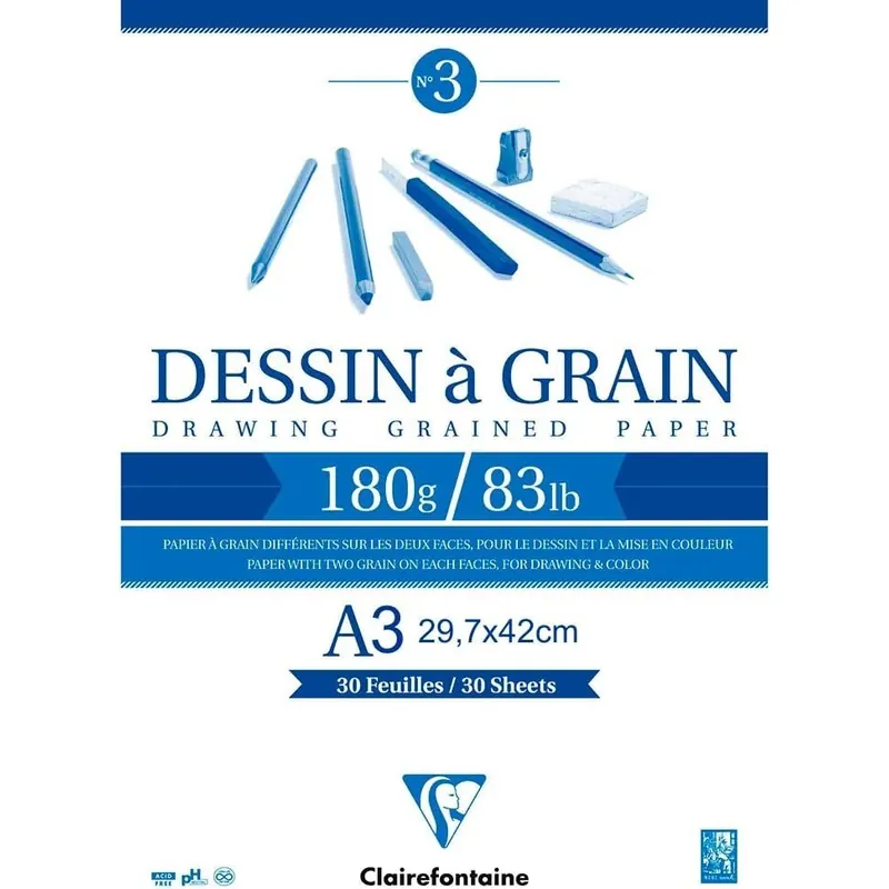 Clairefontaine 96622C Zeichenblock Kopfseitig Geleimt Dessin a Grain, DIN A3 29 x 42 cm, 30 Blatt, 180 g, weiß