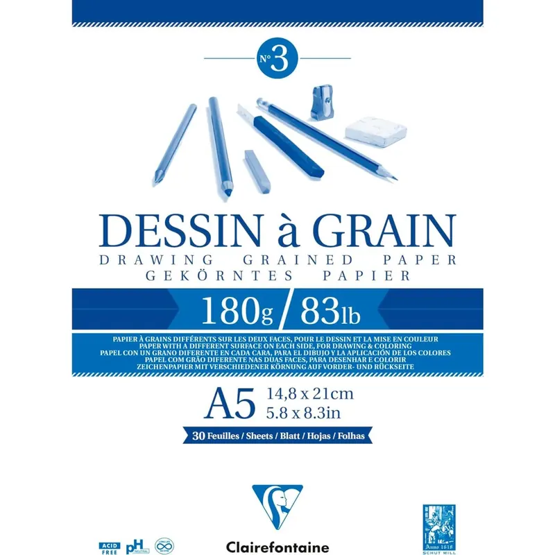 Clairefontaine 96626C - Zeichenblock Dessin à grain, gekörntes Zeichenpapier, 30 Blatt, 180 g, DIN A5, 14,8 x 21 cm, ideal für Kunstunterricht, geleimt, Weiß, 1 Stück