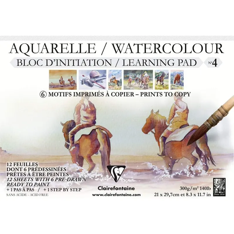 Clairefontaine 975148C Aquarellblock (mit Vordruck, verleimt, 12 Blätter, 300 g, DIN A4, 21 x 29,7 cm, 100% Zellulose, geeignet für Anfänger) weiß