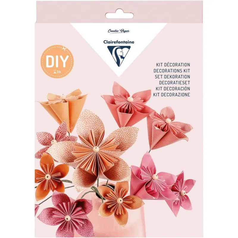 Clairefontaine 97714C - Kreativset mit 60 Blatt Origamipapier 70g/m2 (3 Formate), 1 florales Klebeband, 12 Drähte, 12 Holzperlen, 1 Tube Flüssigkleber, ideal für Einsteiger, Blumenmotiven, 1 Set
