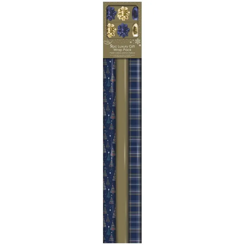 Clairefontaine X-29772-GWC - Set mit 3 Rollen Geschenkpapier 70g, 4 Schleifen et 2 Spulen mit Metalleffekt Blau/Gold, Blau sGoldtiert
