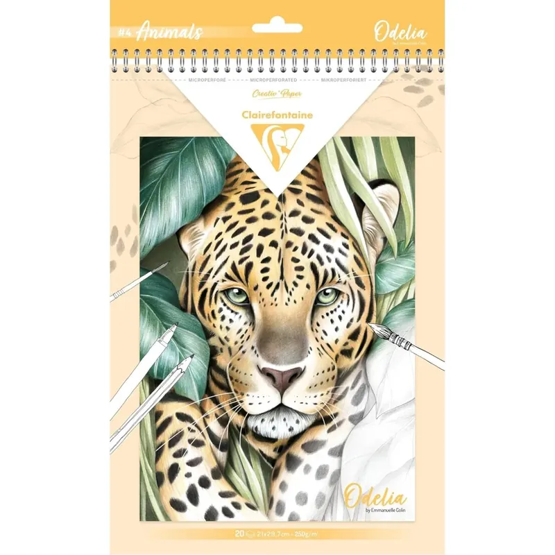 Clarefontaoine 95744C ODELIA, Ausmalblock Mixed Media, 20 Blatt A4 250g, Spiralbindung, Tiere