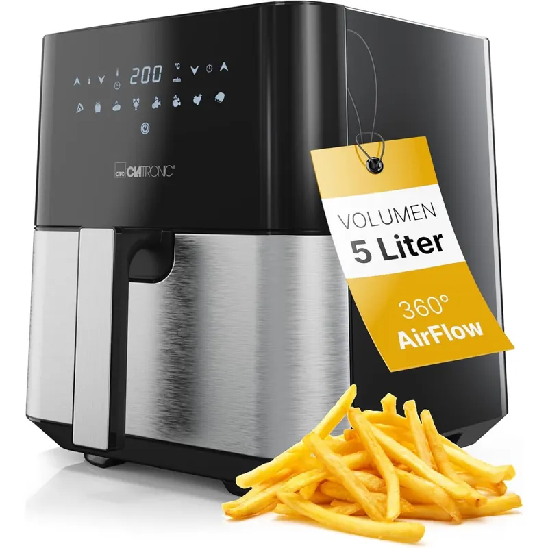 Clatronic® Heißluftfritteuse XXL - 5L Fritteuse | Heißluft für fettfreies frittieren| Edelstahl-Airfryer mit digitalem Touchscreen | 360° Air-Flow | Heißluft-Friteuse mit 8 Programmen | FR 3782 H