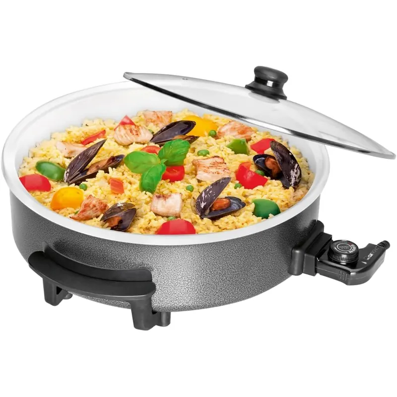 Clatronic® Partypfanne | Multifunktionspfanne zum Kochen, Braten und mehr | Keramikbeschichteter Bräter mit Deckel | Elektrischer Topf mit Thermostat | Ø 42 cm, T:9 cm | PP 3570 C
