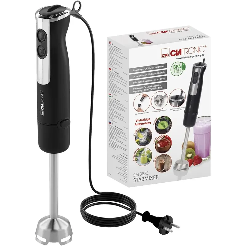 Clatronic Stabmixer 800W mit Turbo-Funktion | Pürierstab mit Edelstahlmesser | 12 Stufen | für Babynahrung, Suppe, Smoothies, Püree, Sauce | Hand Blender | elektrische Stabmixer SM 3825 silber/schwarz