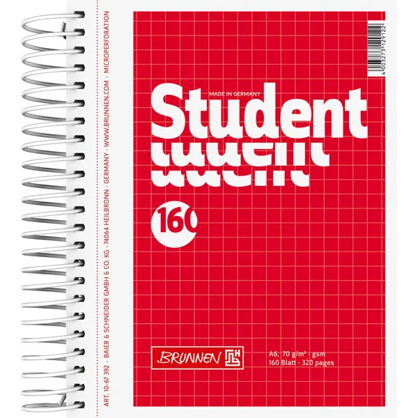 Collegeblock Brunnen Student 67392 - A6 105 x 148 mm rot kariert Lineatur52 5 x 5 mm 160 Blatt weißes Qualitätspapier 70 g/m²