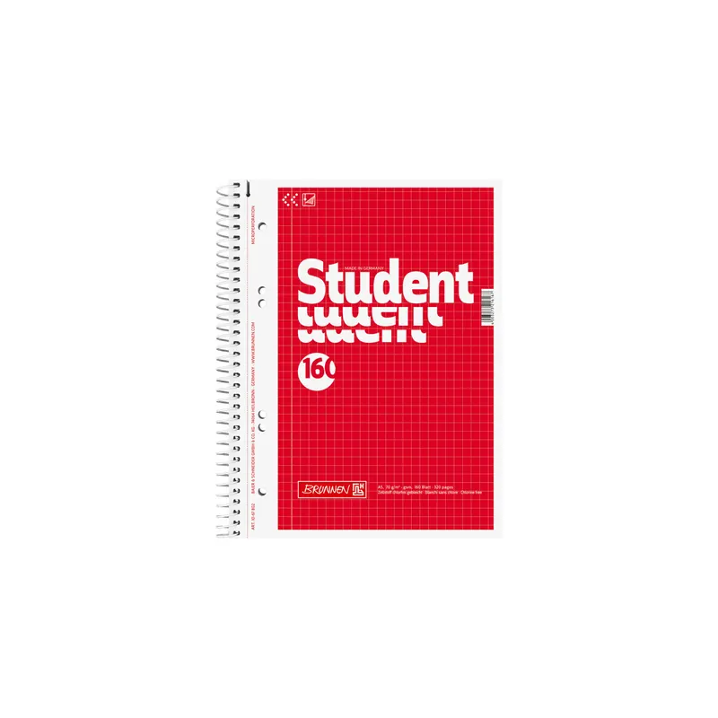 Collegeblock Brunnen Student 67802 - A5 210 x 297 mm rot kariert Lineatur05 5 x 5 mm 160 Blatt weißes Qualitätspapier 70 g/m²
