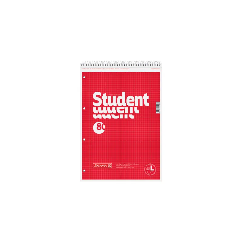 Collegeblock Brunnen Student 6791201 - A4 210 x 297 mm rot kariert Lineatur28 5 x 5 mm mit Doppelrand 80 Blatt weißes Qualitätspapier 70 g/m²