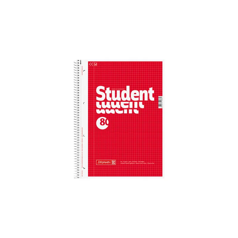 Collegeblock Brunnen Student 67942 - A4 210 x 297 mm rot kariert Lineatur22 5 x 5 mm 80 Blatt weißes Qualitätspapier 70 g/m²