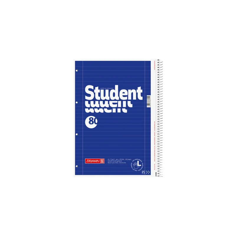Collegeblock Brunnen Student Linkshänder 67907 - A4 210 x 297 mm blau liniert Lineatur27 10 mm mit Doppelrand 80 Blatt weißes Qualitätspapier 70 g/m²