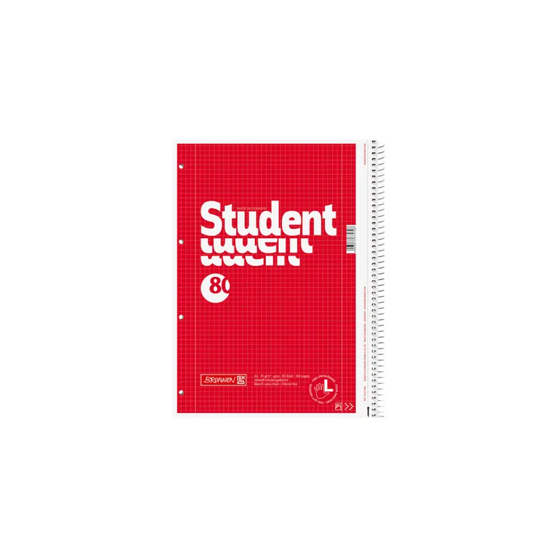 Collegeblock Brunnen Student Linkshänder 67908 - A4 210 x 297 mm rot kariert Lineatur28 5 x 5 mm mit Doppelrand 80 Blatt weißes Qualitätspapier 70 g/m²
