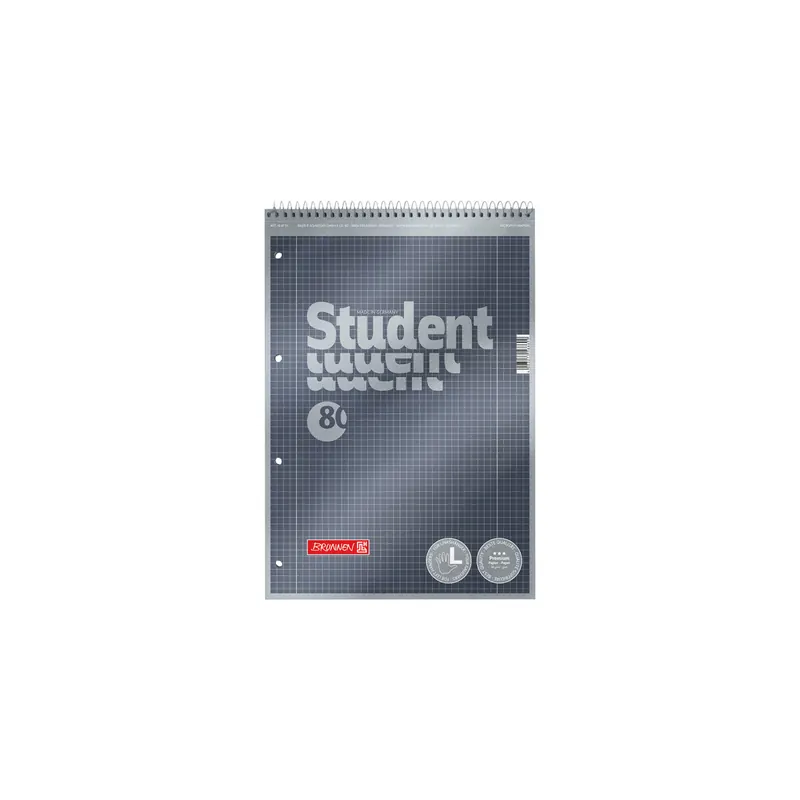 Collegeblock Brunnen Student Premium 67112 - A4 210 x 297 mm grau kariert Lineatur28 5 x 5 mm mit Doppelrand 80 Blatt hochweißes Premiumpapier 90 g/m²