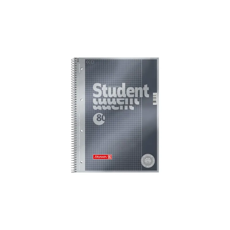 Collegeblock Brunnen Student Premium 67126 - A4 210 x 297 mm grau kariert Lineatur26 5 x 5 mm mit Rand 80 Blatt hochweißes Premiumpapier 90 g/m²