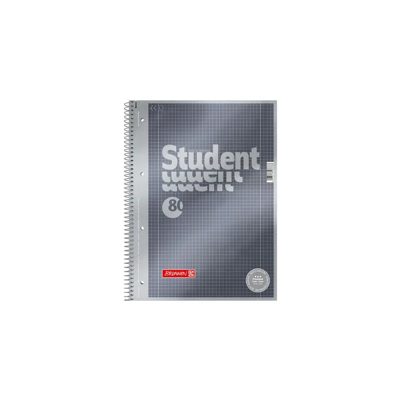 Collegeblock Brunnen Student Premium 67128 - A4 210 x 297 mm grau kariert Lineatur28 5 x 5 mm mit Doppelrand 80 Blatt hochweißes Premiumpapier 90 g/m²