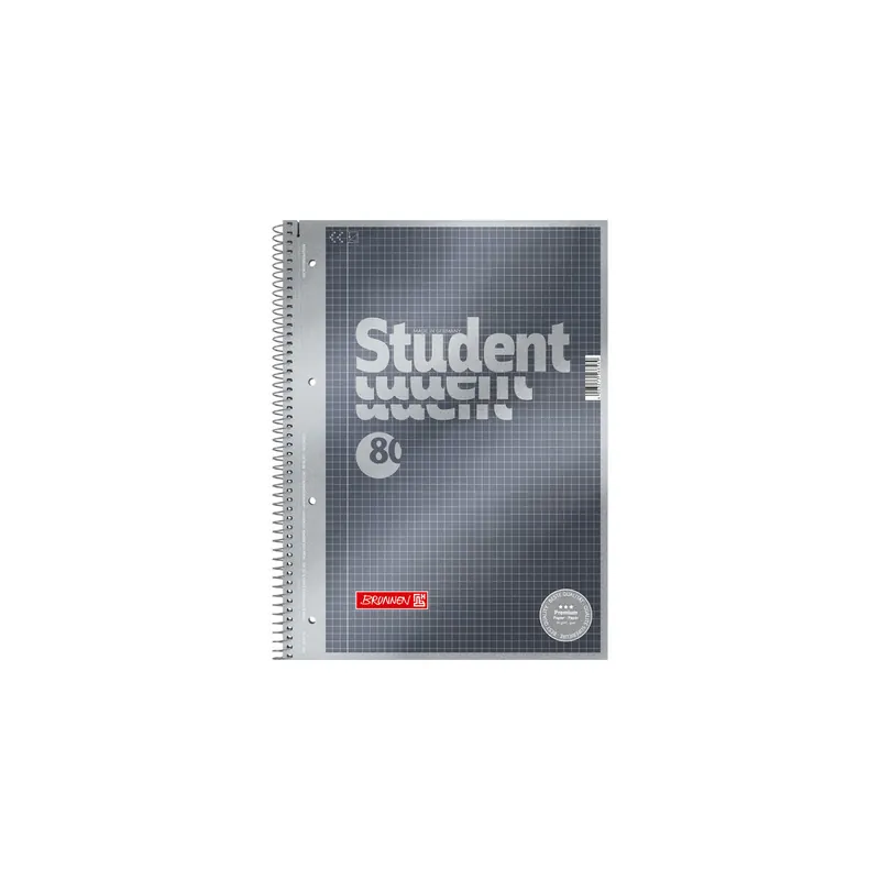 Collegeblock Brunnen Student Premium 67142 - A4 210 x 297 mm grau kariert Lineatur22 5 x 5 mm 80 Blatt hochweißes Premiumpapier 90 g/m²