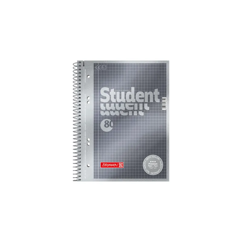 Collegeblock Brunnen Student Premium 67152 - A5 148 x 210 mm grau kariert Lineatur05 5 x 5 mm 80 Blatt hochweißes Premiumpapier 90 g/m²