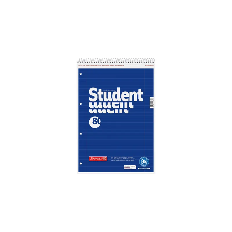Collegeblock Brunnen Student Recycling 6781101 - A4 210 x 297 mm blau liniert Lineatur27 10 mm mit Doppelrand 80 Blatt weißes Qualitätspapier 70 g/m²