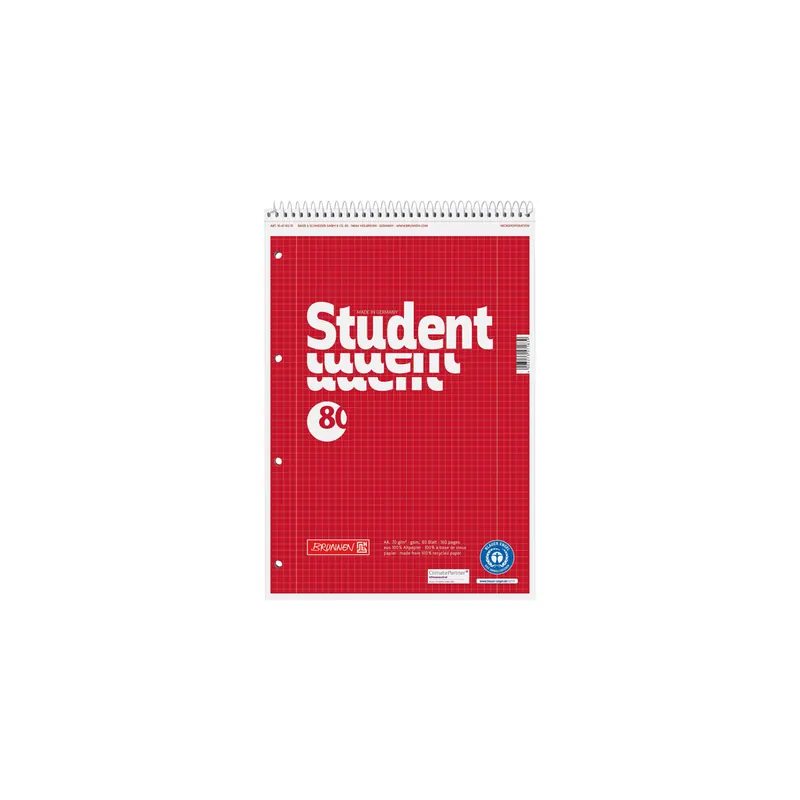 Collegeblock Brunnen Student Recycling 6781201 - A4 210 x 297 mm rot kariert Lineatur28 5 x 5 mm mit Doppelrand 80 Blatt weißes Qualitätspapier 70 g/m²