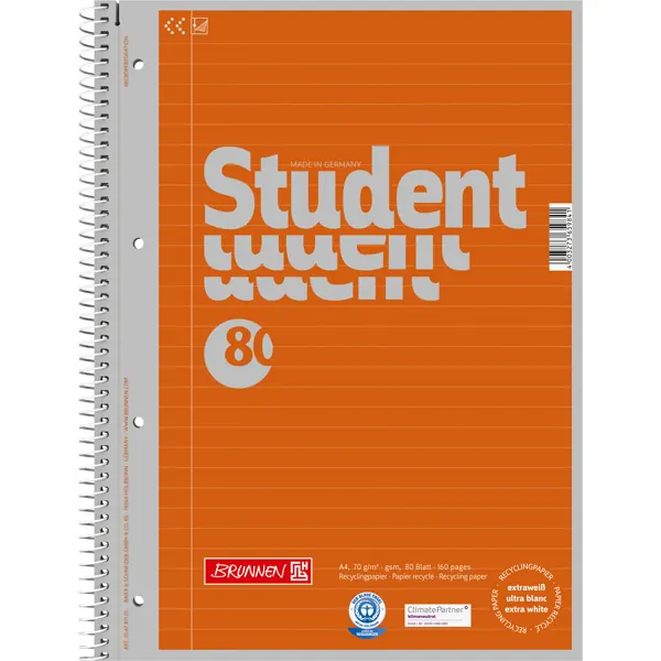 Collegeblock Brunnen Student Recycling 6783101 - A4 210 x 297 mm orange liniert Lineatur21 mit Schreiblinie 80 Blatt weißes Qualitätspapier 70 g/m²