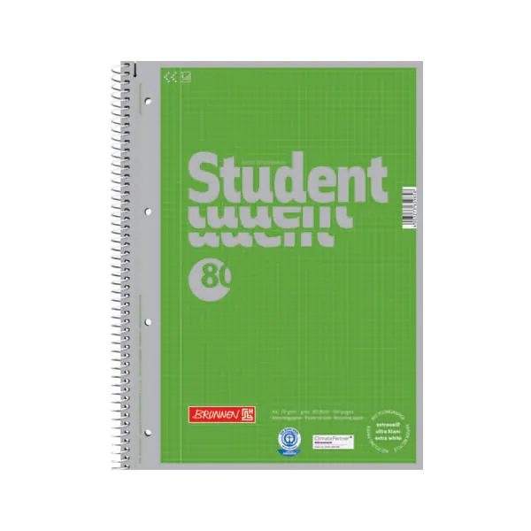 Collegeblock Brunnen Student Recycling 6783201 - A4 210 x 297 mm grün kariert Lineatur22 5 x 5 mm 80 Blatt weißes Qualitätspapier 70 g/m²