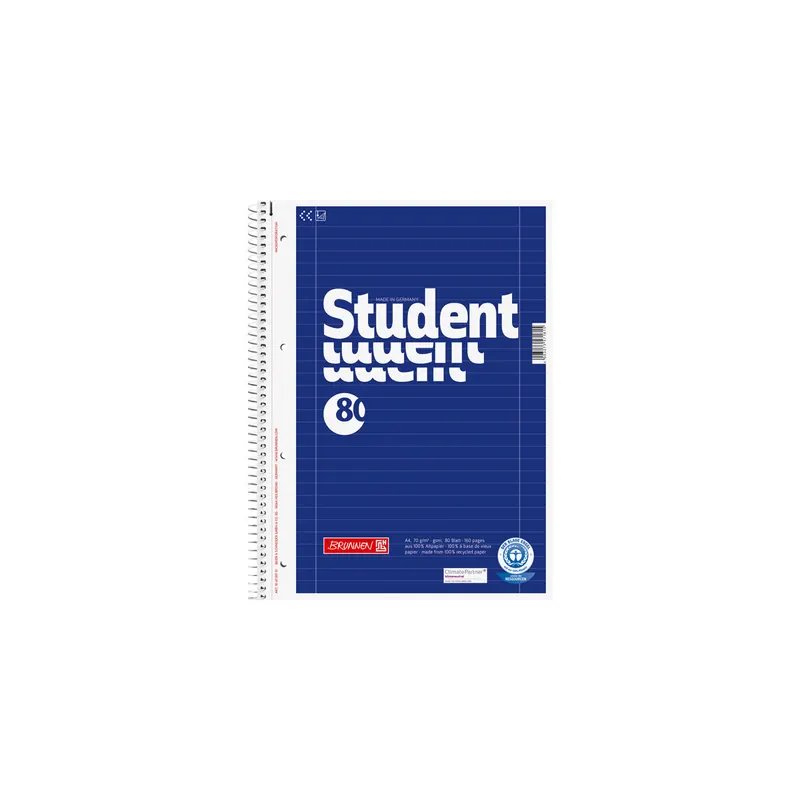 Collegeblock Brunnen Student Recycling 6783701 - A4 210 x 297 mm blau liniert Lineatur27 10 mm mit Doppelrand 80 Blatt weißes Qualitätspapier 70 g/m²