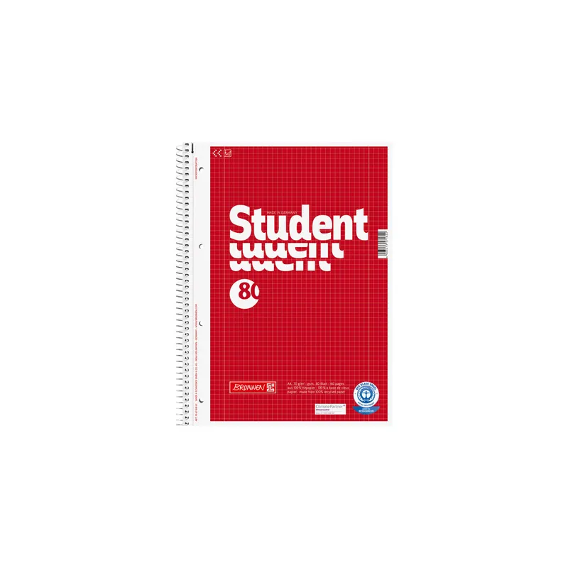Collegeblock Brunnen Student Recycling 6783801 - A4 210 x 297 mm rot kariert Lineatur28 5 x 5 mm mit Doppelrand 80 Blatt weißes Qualitätspapier 70 g/m²
