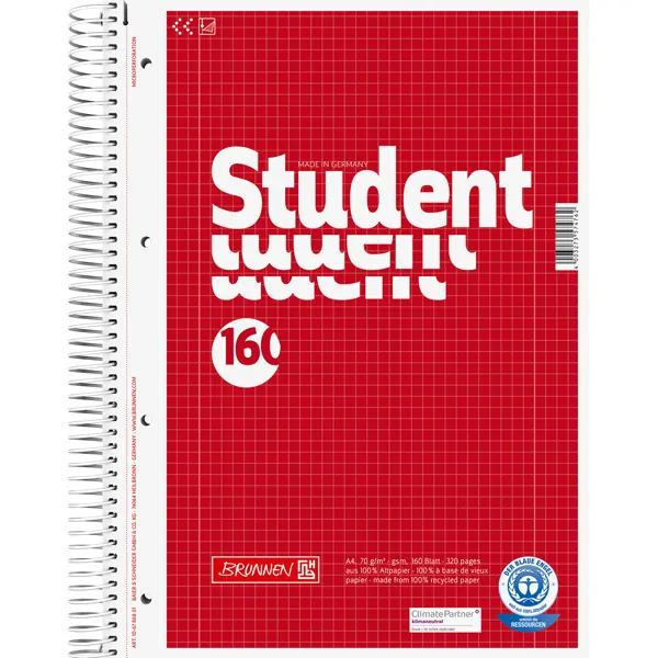 Collegeblock Brunnen Student Recycling 6786801 - A4 210 x 297 mm rot kariert Lineatur28 5 x 5 mm mit Doppelrand 160 Blatt weißes Qualitätspapier 70 g/m²
