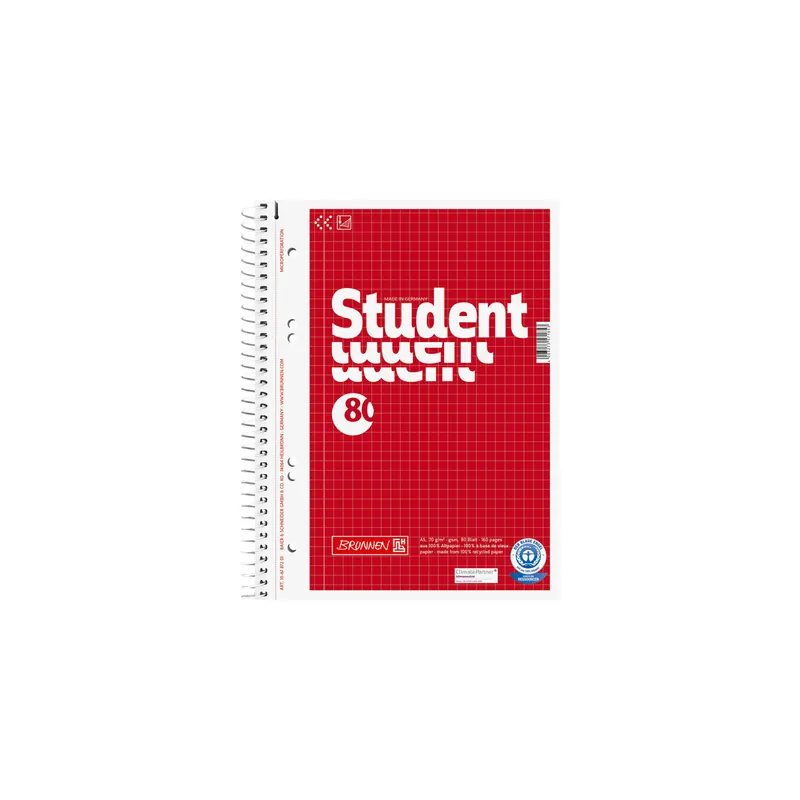 Collegeblock Brunnen Student Recycling 6787201 - A5 148 x 210 mm rot kariert Lineatur05 5 x 5 mm 80 Blatt weißes Qualitätspapier 70 g/m²