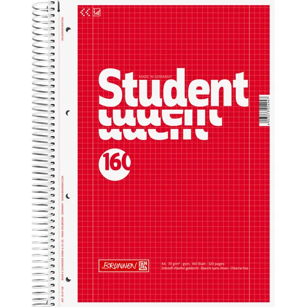 Collegeblock Brunnen Student ZENartMotiv 67728 - A4 210 x 297 mm rot kariert Lineatur28 5 x 5 mm mit Doppelrand 160 Blatt weißes Qualitätspapier 70 g/m²