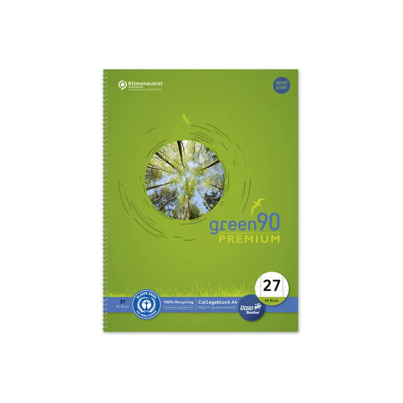 Collegeblock Staufen Green 90 Premium Recycling 040835027 - A4 210 x 297 mm grün liniert Lineatur27 10 mm mit Doppelrand 80 Blatt Blauer Engel Recyclingpapier 90 g/m²