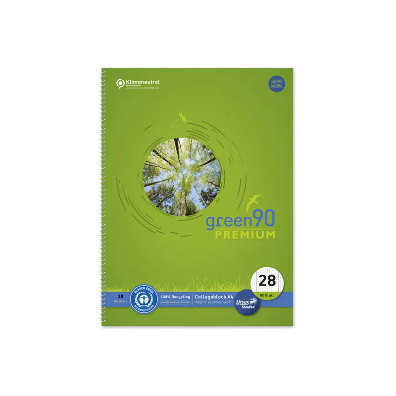 Collegeblock Staufen Green 90 Premium Recycling 040835028 - A4 210 x 297 mm grün kariert Lineatur28 5 x 5 mm mit Doppelrand 80 Blatt Blauer Engel Recyclingpapier 90 g/m²